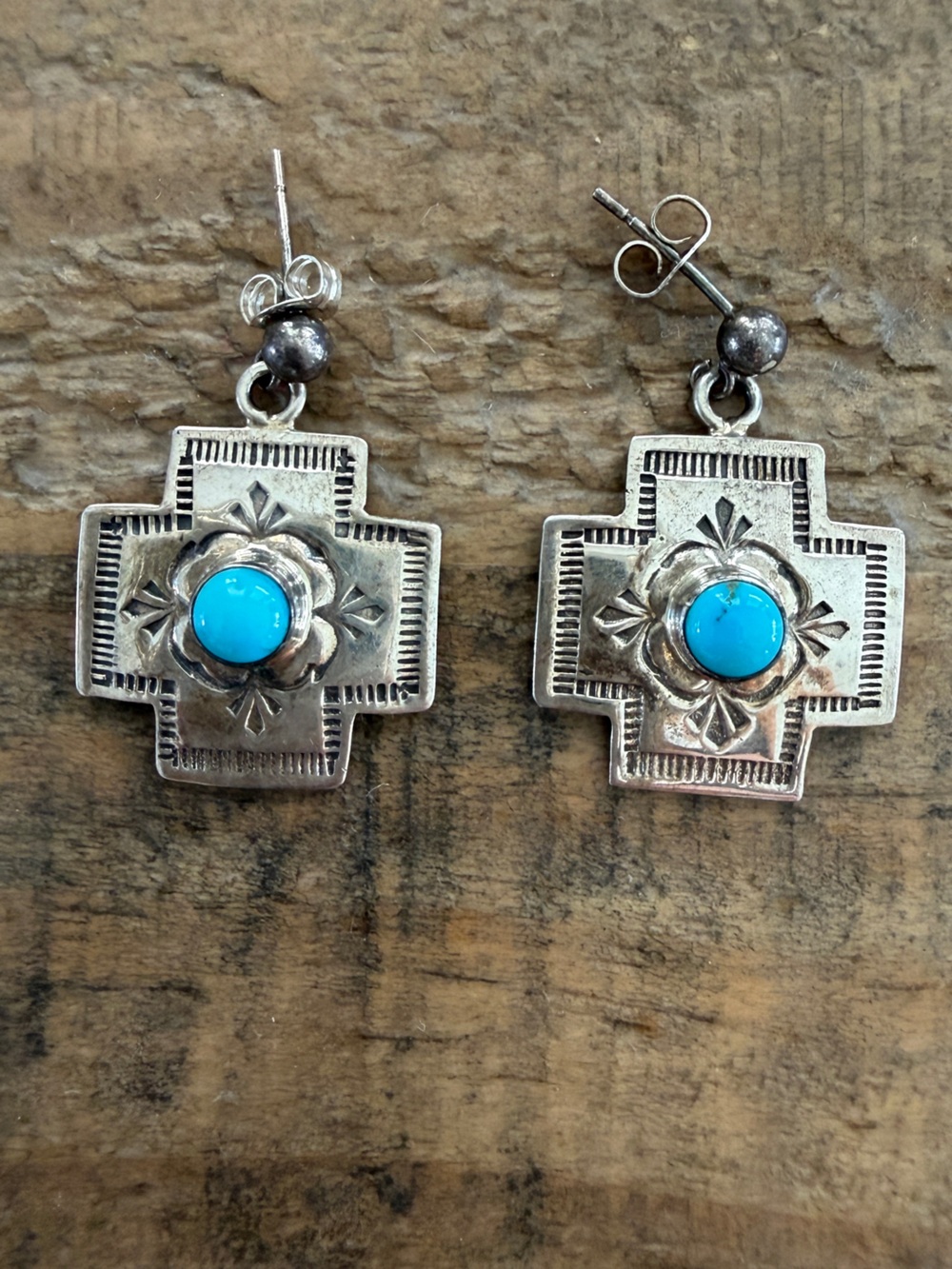 Vintage Native Navajo Sterling Silver Turquoise Stamped Cross Dangle Earrings